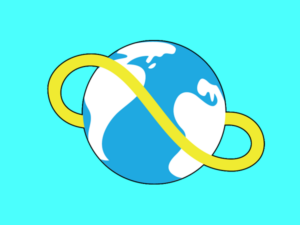 A stylized representation of the Earth with a yellow Mobius strip looping around it. The Earth has blue oceans and white continents, while the Mobius strip is a continuous loop that twists and turns around the globe, symbolizing interconnectedness and continuity