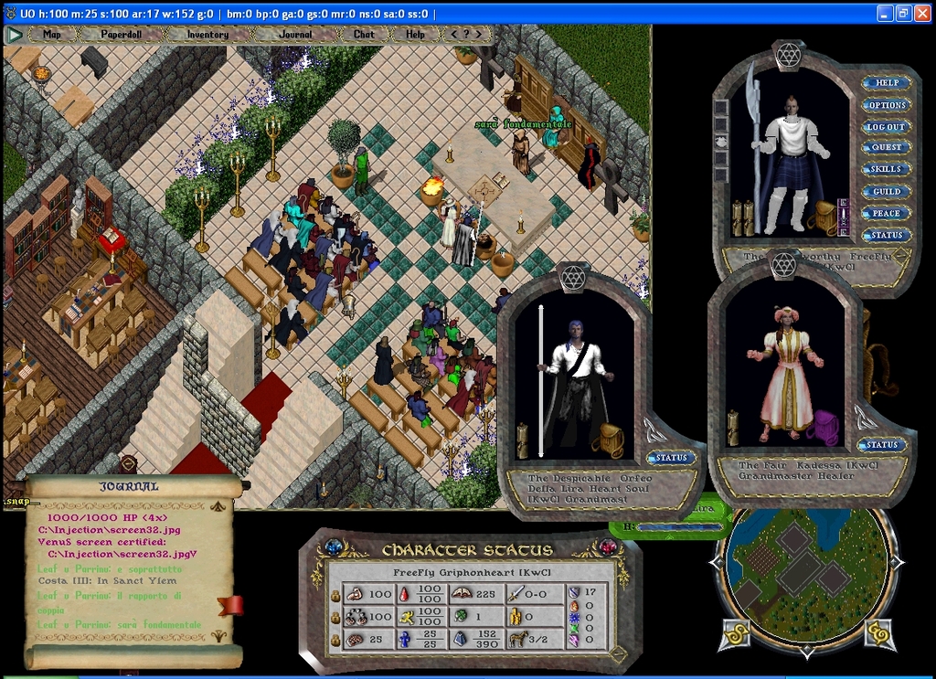 A screenshot from the game Ultima Online. The image shows a scene inside a building, possibly a church or meeting hall, with several characters seated on benches and a few standing near an altar. The interface includes three character status windows on the right side, a journal window at the bottom left, a character status window at the bottom center, and a mini-map at the bottom right corner. The journal window contains text entries in Italian, mentioning phrases like 'Leaf e Purini' and 'Costa III: In Sanct Ylem.