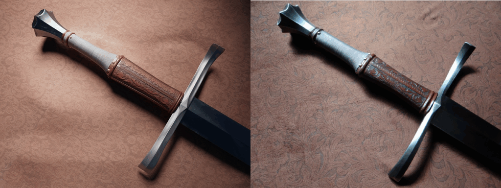 A close-up view of a sword lying on a patterned fabric. The sword has a detailed and ornate design, with a leather-wrapped handle and a crossguard. The pommel is intricately shaped, and the blade appears to be made of polished metal. The craftsmanship of the sword is notable, with fine engravings on the handle and a well-balanced design
