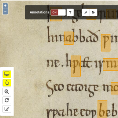 Screenshot of a medieval manuscript displayed in the DigiPal web viewer, showing highlighted annotations around specific Old English letters and words. The interface includes annotation tools on the left, with a yellow comment icon selected, and an "Annotations ON" toggle at the top. Several characters like "þ", "abb", and "ym" are boxed in orange to indicate paleographic features.