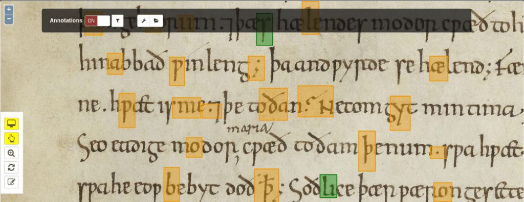 A section of an old manuscript with annotations. The text is written in an ancient script, possibly Old English or Latin. Various parts of the text are highlighted with orange and green boxes, indicating areas of interest or specific annotations. The annotations seem to be used for linguistic or historical analysis, making the image relevant for studies in paleography, historical linguistics, or medieval literature