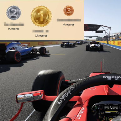 Screenshot from a Formula 1 racing video game showing a first-person view from the cockpit of a red Ferrari F1 car during a race. Other cars are visible ahead and to the left, including a Williams car. The scene is set on a well-lit racetrack with Pirelli advertising. An overlay at the top displays a leaderboard with gold, silver, and bronze medal icons indicating record achievements: 12 for first place, 9 for second, and 4 for third.