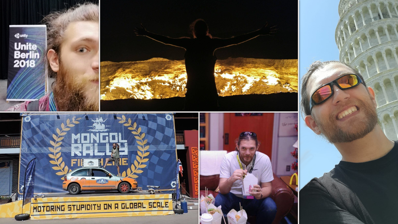 Collage of a bearded man at various travel and event locations: attending Unite Berlin 2018, standing in front of the Darvaza gas crater at night with arms outstretched, smiling with sunglasses at the Leaning Tower of Pisa, posing at the Mongol Rally finish line with a decorated car, and eating a meal while seated indoors.