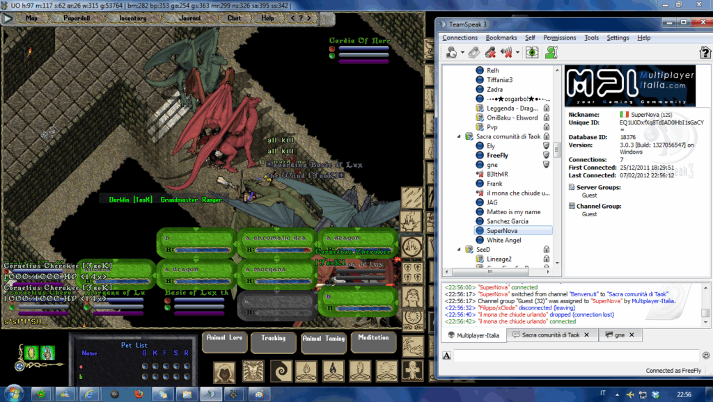 A screenshot showing a split-screen view of a game and a TeamSpeak 3 client. On the left, a game interface displays dragons and characters in a dungeon-like environment. Characters have names and titles above them, and various health bars and status indicators are visible. The game interface includes buttons for 'Animal Lore,' 'Tracking,' 'Animal Taming,' and 'Meditation.' At the bottom, a 'Pet List' shows icons labeled 'G,' 'K,' 'F,' 'S,' and 'R.' On the right, a TeamSpeak 3 client window shows connected users and channels, with a highlighted user 'SuperNova.' The chat window displays connection and disconnection messages, reflecting real-time communication through TeamSpeak.