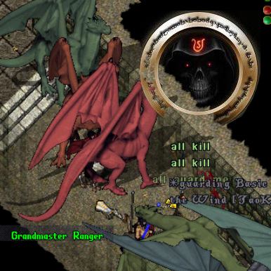 Screenshot from the MMORPG Ultima Online showing a player character titled "Grandmaster Ranger" surrounded by multiple dragons, including red and green ones. A dark, circular interface element with a red glowing symbol and skull design is visible in the upper-right corner. The screen displays repeated commands like "all kill" and "guarding Basic" overlaid on the chaotic scene.