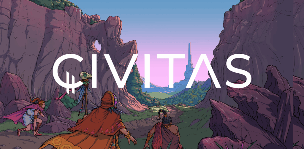 A group of four characters standing on a path surrounded by rocky cliffs. The characters appear to be adventurers, each dressed in distinct, colorful clothing and gear. The path leads towards a distant, tall, futuristic-looking structure in the background. The sky is clear with a gradient from blue to pink, suggesting either dawn or dusk. The word 'CIVITAS' is prominently displayed in large, white, stylized letters across the center of the image.