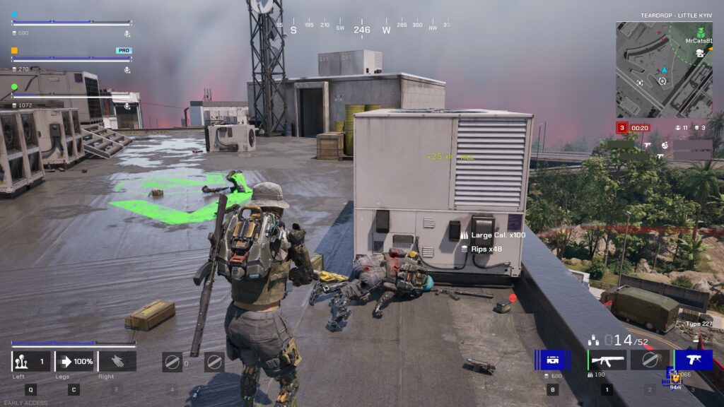 A heavily armored player character stands on a rooftop in a futuristic urban environment in a first-person shooter game. The player has just eliminated an enemy, who lies motionless near a ventilation unit. On-screen HUD elements show health, ammo count, teammates, a kill notification (+25 XP), and a mini-map in the top right corner indicating the location "TEARDROP - LITTLE KYIV." Loot items, including "Large Cal. x100" and "Rips x48," are displayed near the defeated enemy. The surrounding area includes air conditioning units, trees, and a military vehicle below. The game is labeled "EARLY ACCESS" in the bottom left corner.