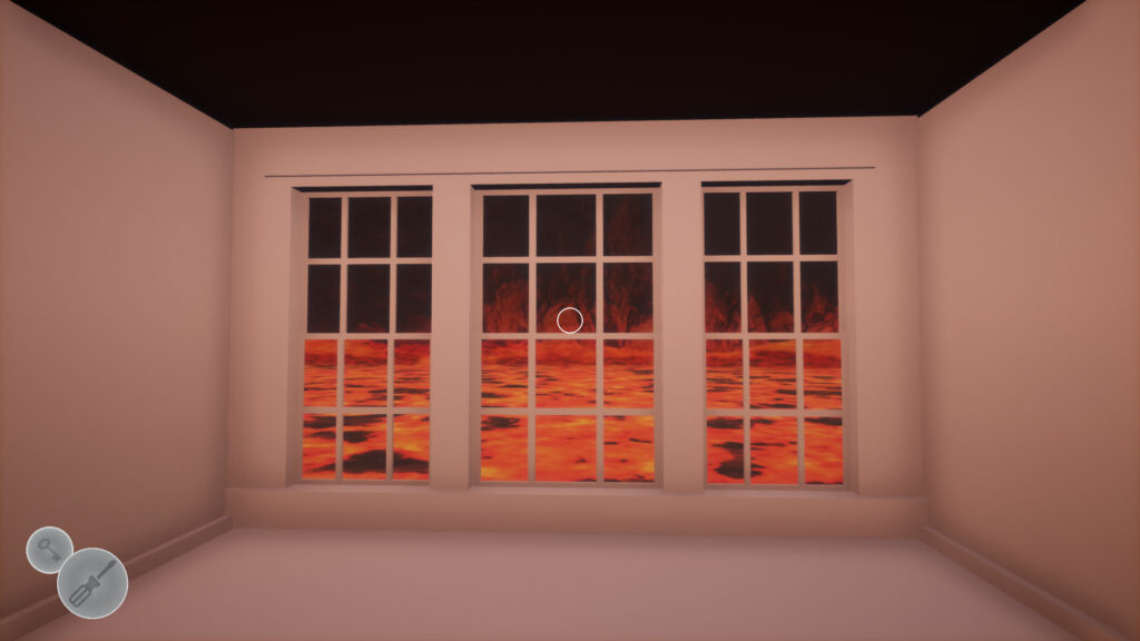 A first-person perspective from a video game or simulation. The scene includes a yellow door with a red circular lock and a keyhole. The player appears to be holding two red objects, one in each hand. The object in the left hand resembles a bracket or a tool, while the object in the right hand looks like a key. There is also a floating black sphere with a red letter 'B' on it near the door. The environment is minimalistic with white walls and a window to the right of the door.