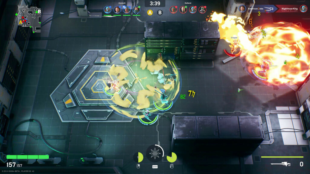 A screenshot from a video game showing a top-down view of a multiplayer battle arena. The game interface includes a mini-map in the top-left corner with points labeled 'A' and 'B.' At the top center, player icons represent both teams, labeled 'Assault' and 'Defend,' each with four players. A timer at the top center reads '3:39.' The bottom left displays a health bar (157/157), and the bottom center shows ability icons with cooldown timers. Characters are engaged in combat, with visual effects such as explosions and damage numbers (e.g., 77, 82, 6, 3, 4) indicating damage dealt.